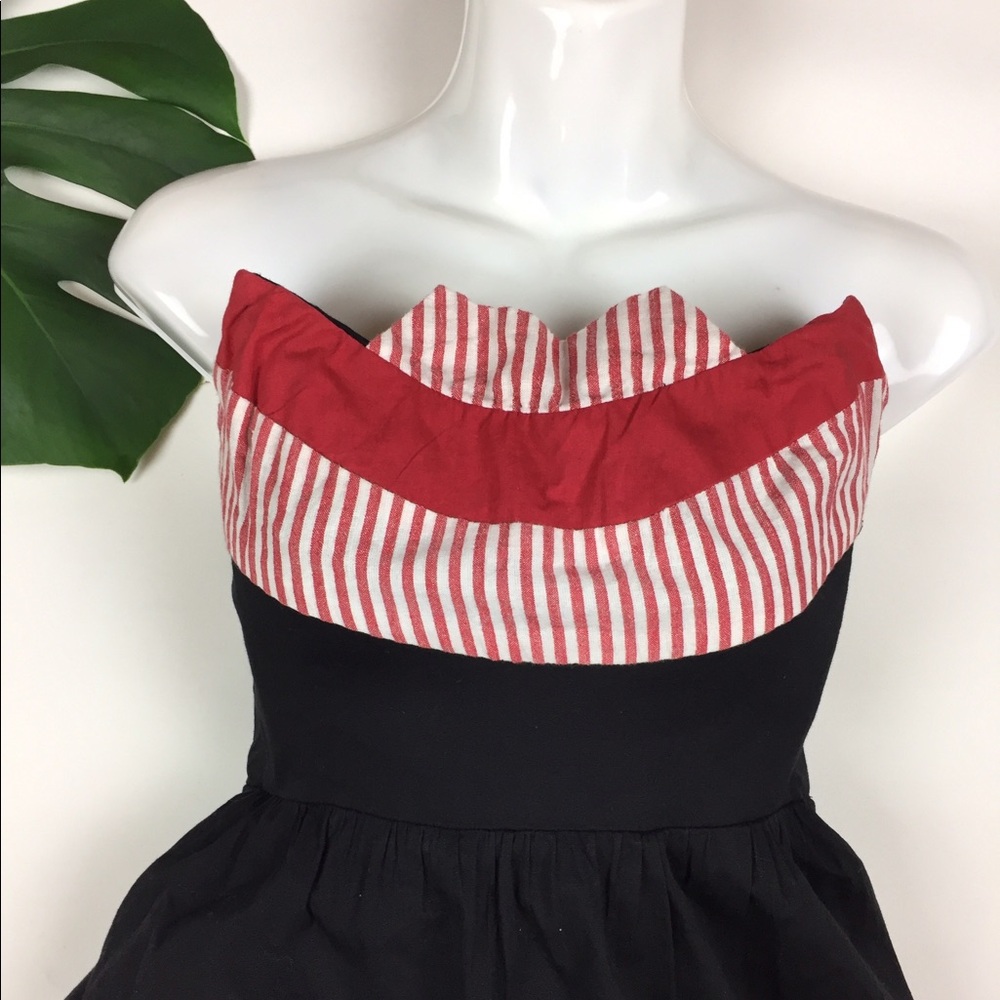 Anthropologie Strapless Black Dress with Red and White Striped Fold-Over Top